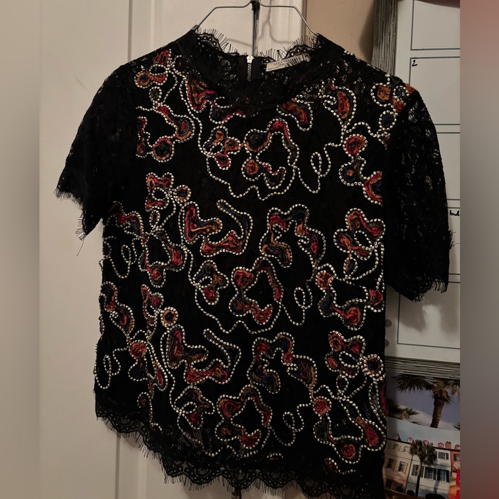 Zara Black Lace Blouse with Colorful Embroidery